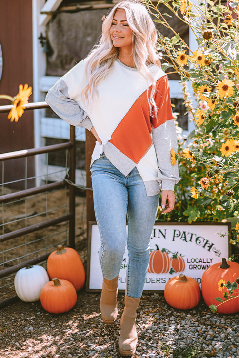 Patchwork Stitching Irregular Hem Long Sleeve Relaxed Top