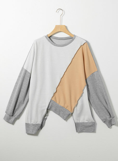 Patchwork Stitching Irregular Hem Long Sleeve Relaxed Top