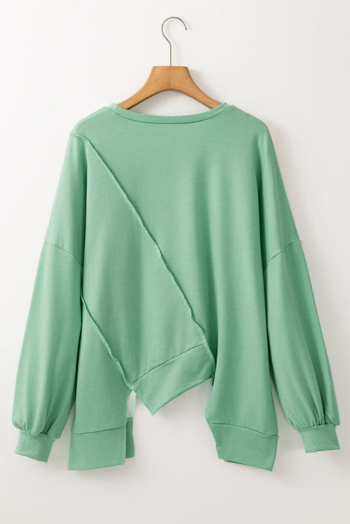 Patchwork Stitching Irregular Hem Long Sleeve Relaxed Top