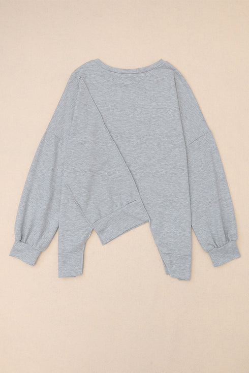 Patchwork Stitching Irregular Hem Long Sleeve Relaxed Top