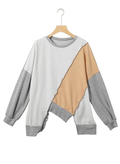 Patchwork Stitching Irregular Hem Long Sleeve Relaxed Top