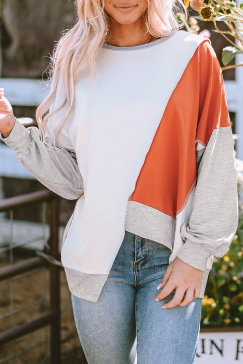 Patchwork Stitching Irregular Hem Long Sleeve Relaxed Top