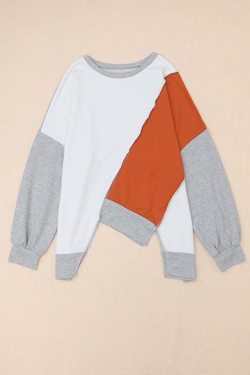Patchwork Stitching Irregular Hem Long Sleeve Relaxed Top