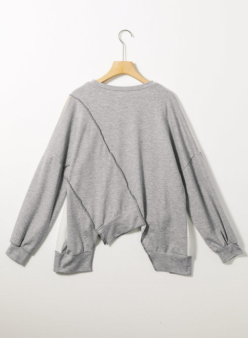 Patchwork Stitching Irregular Hem Long Sleeve Relaxed Top