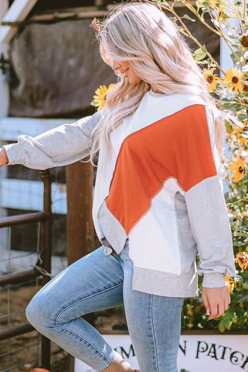 Patchwork Stitching Irregular Hem Long Sleeve Relaxed Top