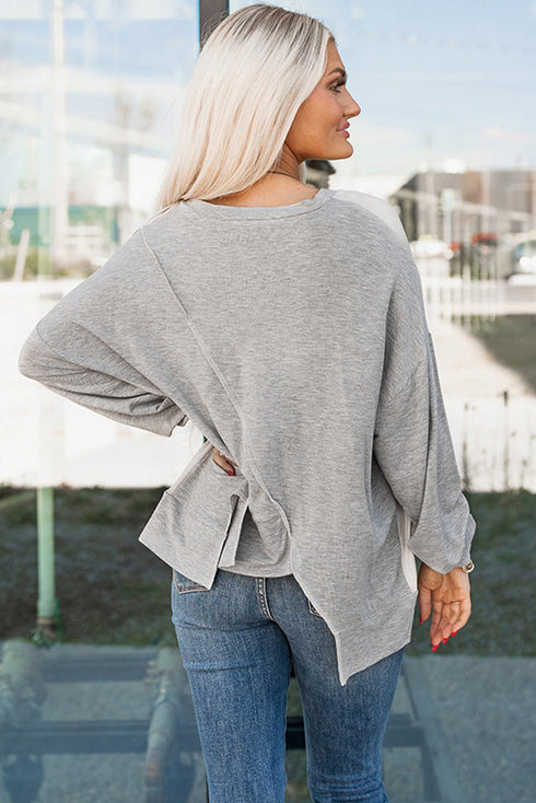 Patchwork Stitching Irregular Hem Long Sleeve Relaxed Top