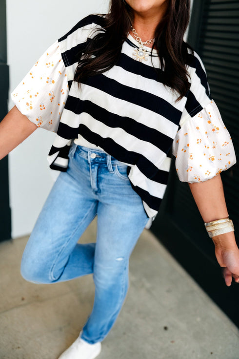 Patchwork Stripe Floral Print Puff Sleeve Cotton Blouse