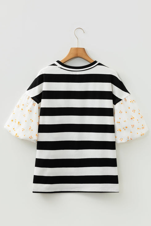 Patchwork Stripe Floral Print Puff Sleeve Cotton Blouse