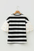 Patchwork Stripe Floral Print Puff Sleeve Cotton Blouse