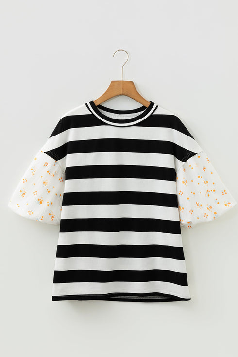 Patchwork Stripe Floral Print Puff Sleeve Cotton Blouse