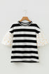 Patchwork Stripe Floral Print Puff Sleeve Cotton Blouse