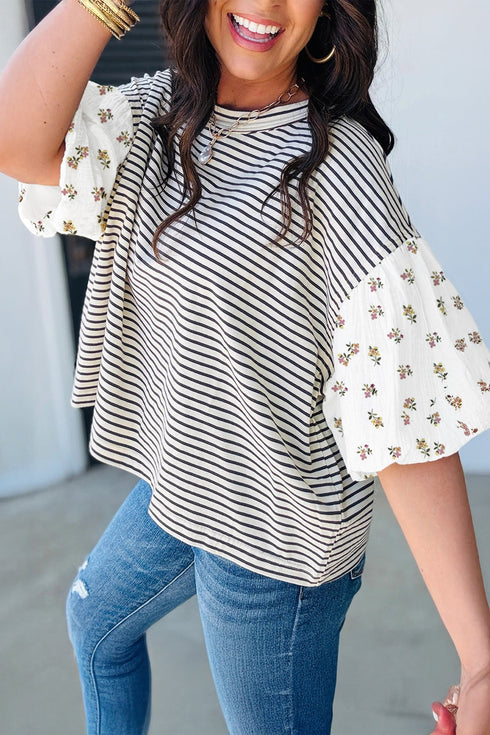 Patchwork Stripe Floral Puff Sleeve Round Neck Cotton Top