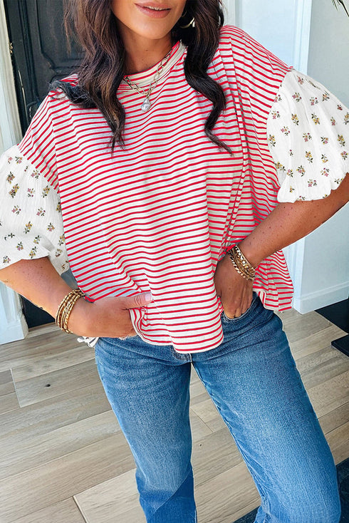Patchwork Stripe Floral Puff Sleeve Round Neck Cotton Top