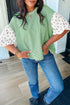 Patchwork Stripe Floral Puff Sleeve Round Neck Cotton Top