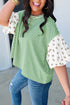 Patchwork Stripe Floral Puff Sleeve Round Neck Cotton Top