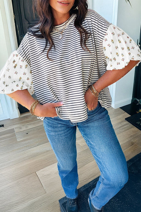 Patchwork Stripe Floral Puff Sleeve Round Neck Cotton Top