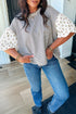 Patchwork Stripe Floral Puff Sleeve Round Neck Cotton Top