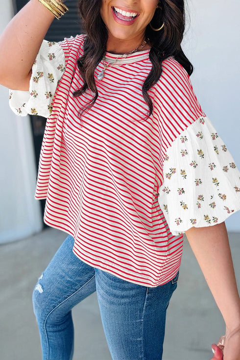 Patchwork Stripe Floral Puff Sleeve Round Neck Cotton Top