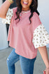 Patchwork Stripe Floral Puff Sleeve Round Neck Cotton Top