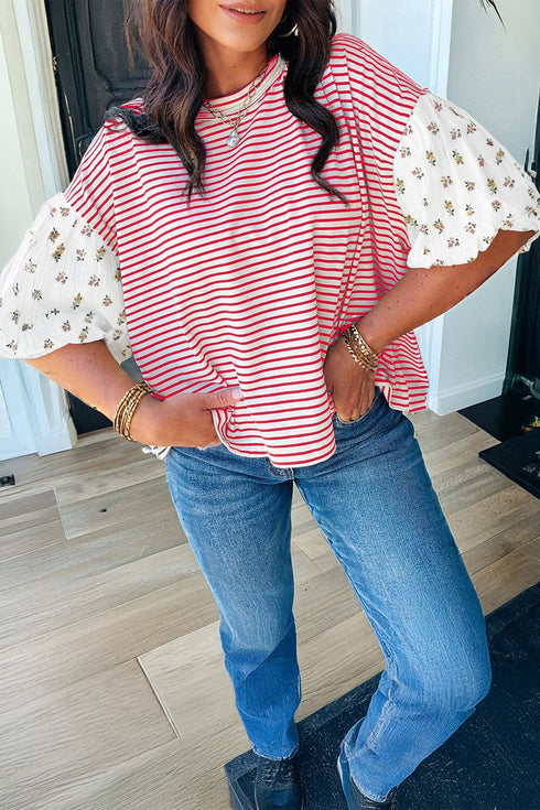 Patchwork Stripe Floral Puff Sleeve Round Neck Cotton Top