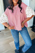 Patchwork Stripe Floral Puff Sleeve Round Neck Cotton Top