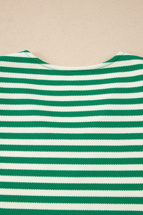 Patchwork Stripe Print Puff Sleeve V Neck Blouse