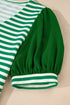 Patchwork Stripe Print Puff Sleeve V Neck Blouse