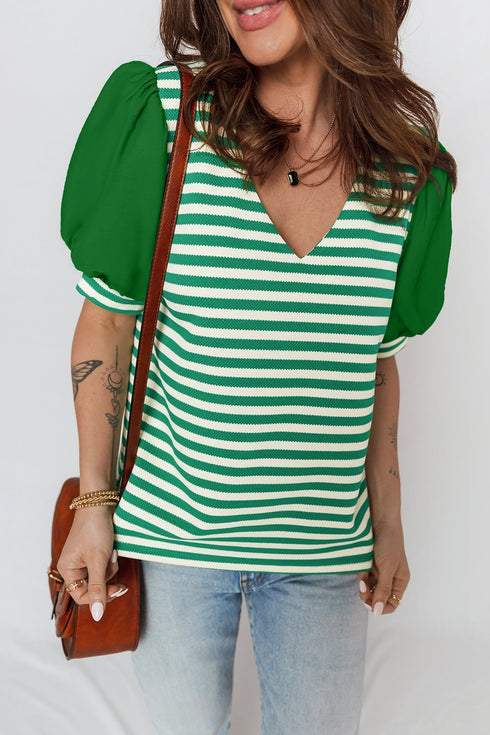 Patchwork Stripe Print Puff Sleeve V Neck Blouse