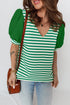 Patchwork Stripe Print Puff Sleeve V Neck Blouse