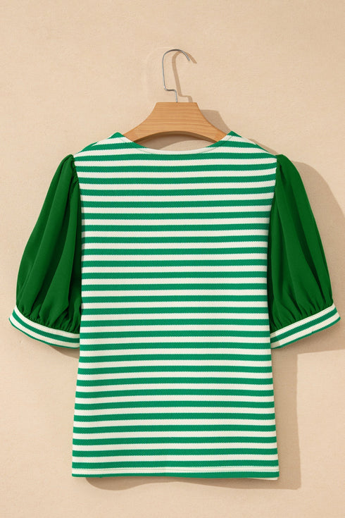 Patchwork Stripe Print Puff Sleeve V Neck Blouse