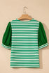 Patchwork Stripe Print Puff Sleeve V Neck Blouse