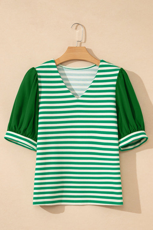 Patchwork Stripe Print Puff Sleeve V Neck Blouse