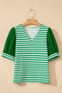 Patchwork Stripe Print Puff Sleeve V Neck Blouse
