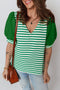 Patchwork Stripe Print Puff Sleeve V Neck Blouse
