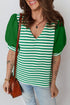 Patchwork Stripe Print Puff Sleeve V Neck Blouse