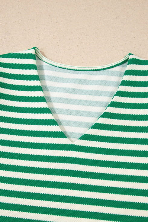 Patchwork Stripe Print Puff Sleeve V Neck Blouse