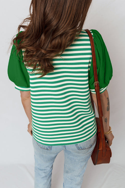 Patchwork Stripe Print Puff Sleeve V Neck Blouse