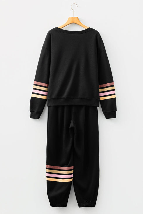 Patchwork Striped Drop Shoulder Pullover And Jogger Pant Set