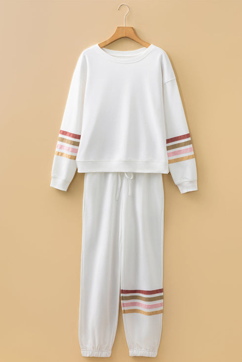 Patchwork Striped Drop Shoulder Pullover And Jogger Pant Set