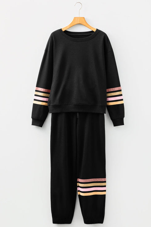 Patchwork Striped Drop Shoulder Pullover And Jogger Pant Set