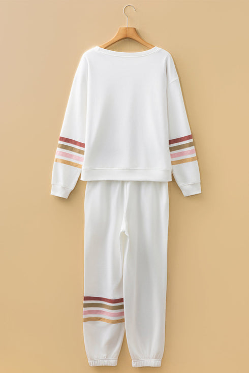 Patchwork Striped Drop Shoulder Pullover And Jogger Pant Set