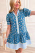 Patchwork Striped Trim Half Button Puff Sleeve Floral Dress