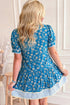 Patchwork Striped Trim Half Button Puff Sleeve Floral Dress