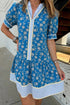 Patchwork Striped Trim Half Button Puff Sleeve Floral Dress