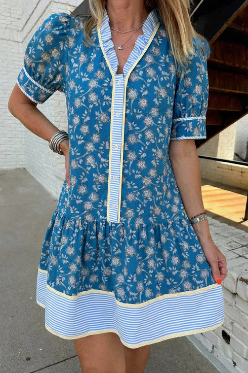 Patchwork Striped Trim Half Button Puff Sleeve Floral Dress