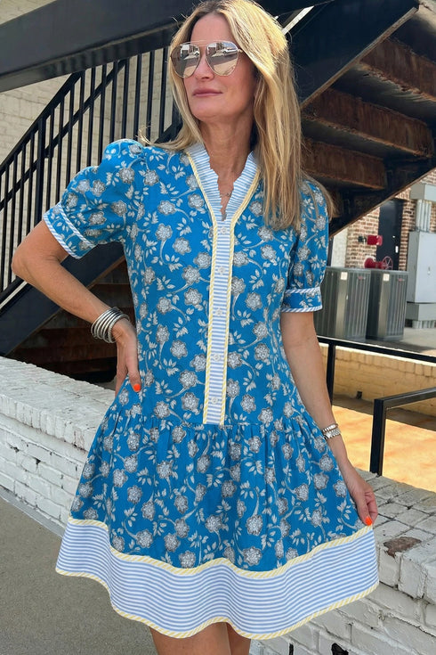 Patchwork Striped Trim Half Button Puff Sleeve Floral Dress