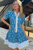 Patchwork Striped Trim Half Button Puff Sleeve Floral Dress