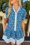 Patchwork Striped Trim Half Button Puff Sleeve Floral Dress