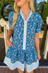 Patchwork Striped Trim Half Button Puff Sleeve Floral Dress