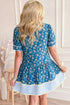 Patchwork Striped Trim Half Button Puff Sleeve Floral Dress